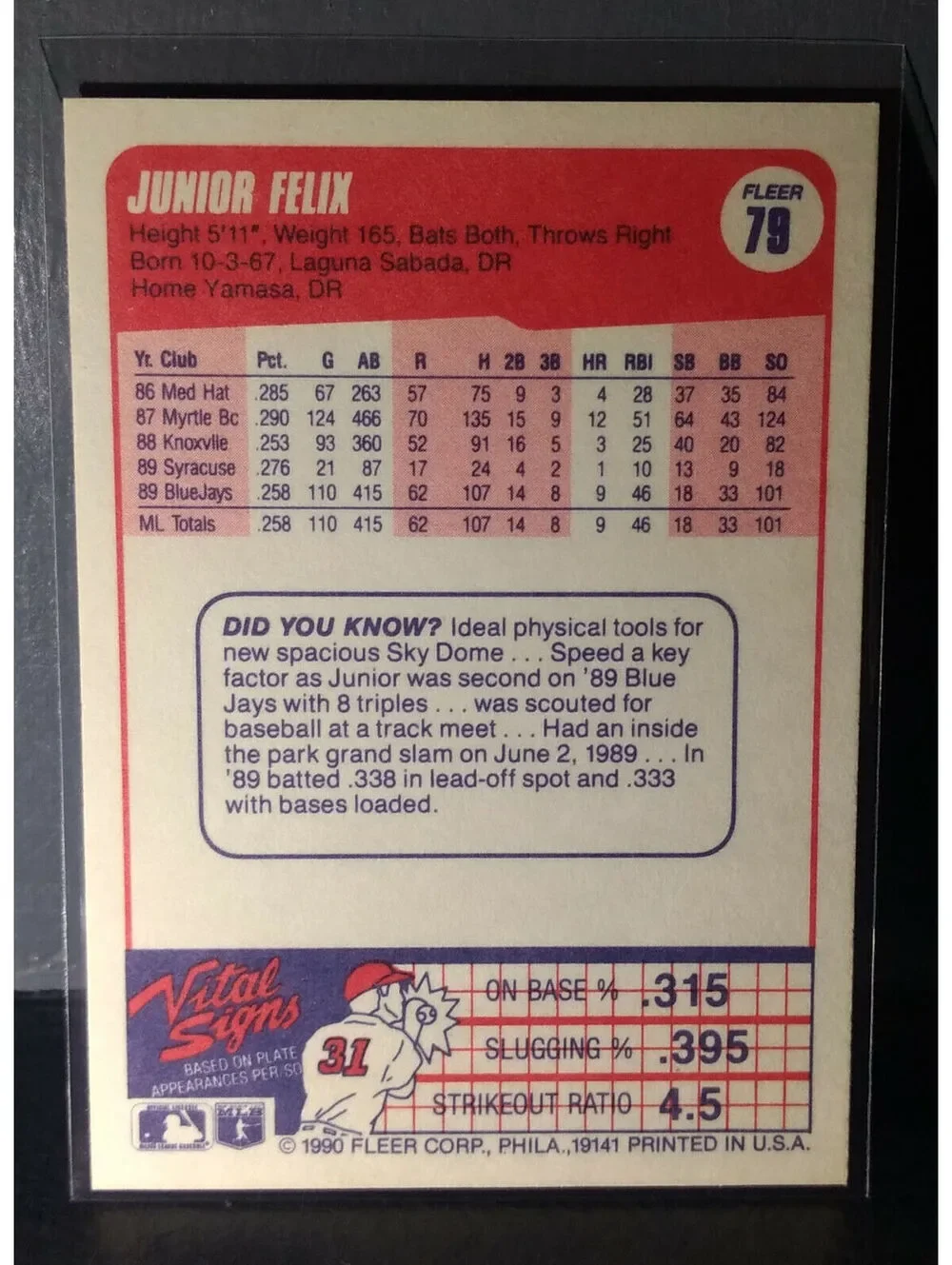 1990 Junior Felix Fleer Baseball Card #79